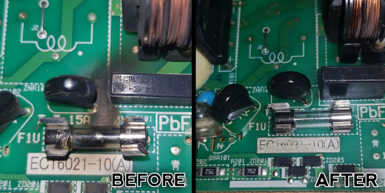 Circuit board before and after repair by MCI Electronics.