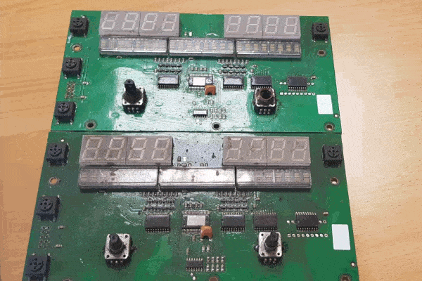Animation showing industrial circuit boards before and after repair by MCI Electronics.