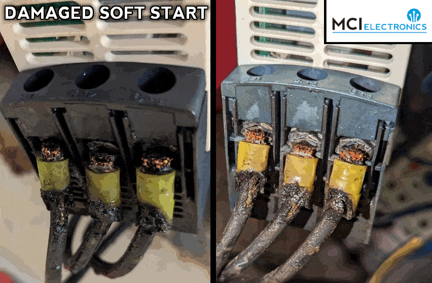 Animation showing the before and after photos of a damaged softstart and contactor repair