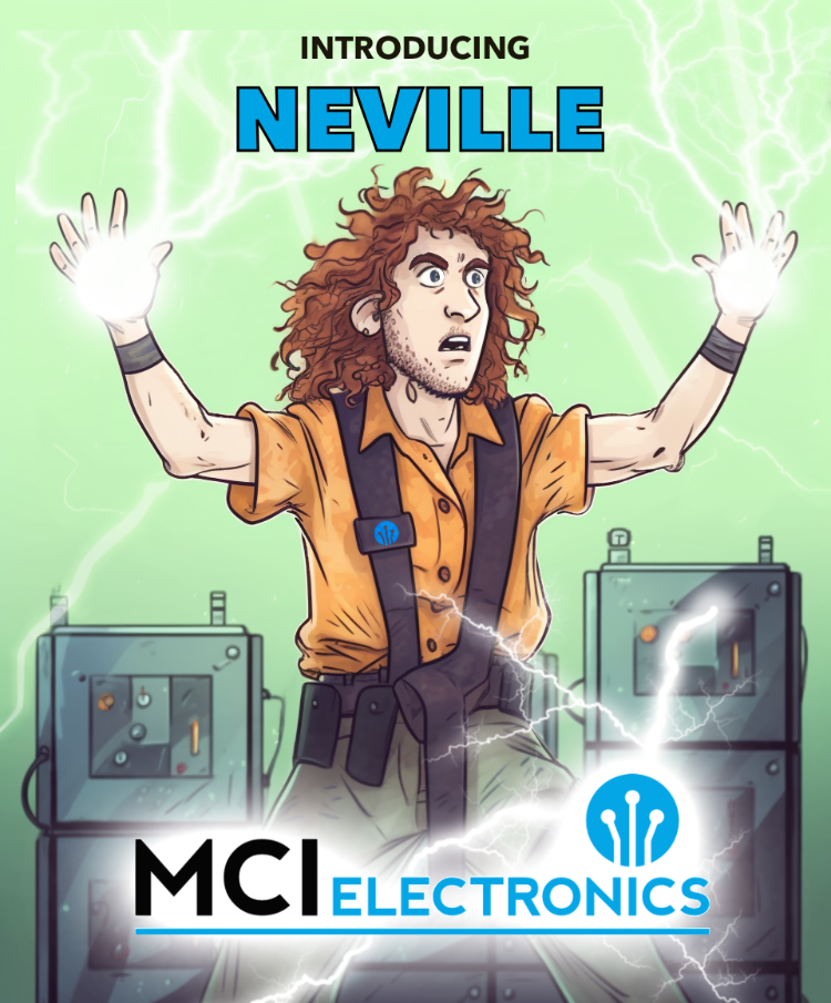 Illustration featuring "Neville the engineer" harnessing the power of electricity