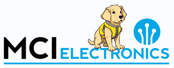 Animation showing a guide dog with a wagging tail sitting on the MCI Electronics logo