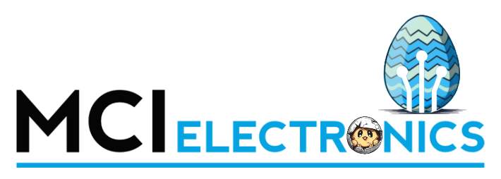 MCI Electronics logo featuring an Easter egg and a peeking chick