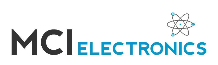 MCI Electronics log animation showing an atom with electrons orbiting the nucleus