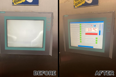 Before and after repair of an HMI urgently repaired by MCI Electronics.