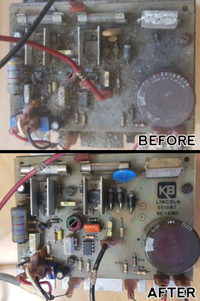 Before and after repair of a broken oven circuit board repaired by MCI Electronics.