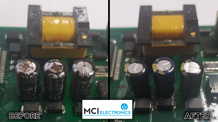 Siemens Micromaster communications module showing blown capacitors before and after repair.