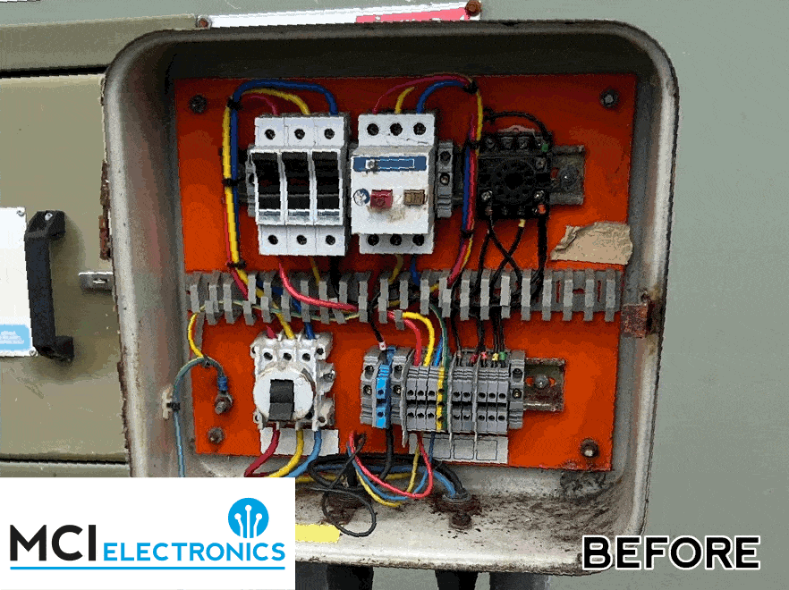Before and after photos of a control box as replaced by MCI Electronics.