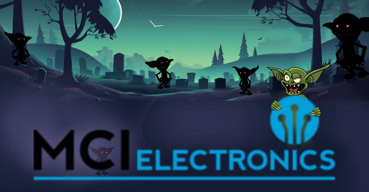 MCI Electronics logo image with gremlins celebrating Halloween 2023.