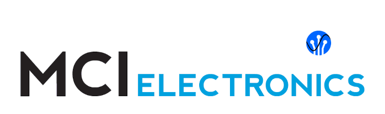 MCI Electronics logo animation showing quantum dots of different colours.