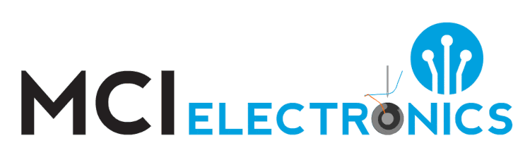 MCI Electronics logo animation showing a sewing machine lock stitch mechanism.
