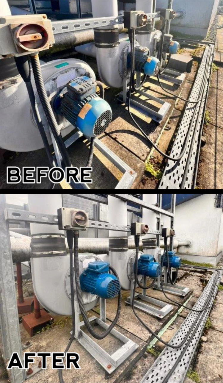Before and after photos of extraction units with motors replaced by MCI Electronics