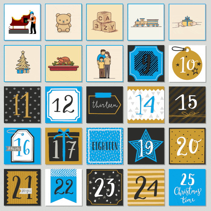 Animation of an advent calendar opening days 9 to 15.