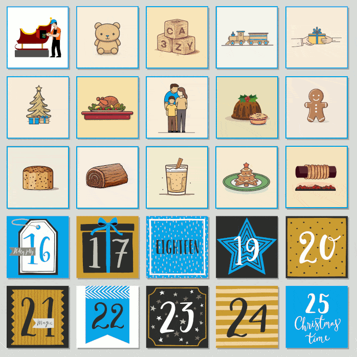 Animation of an advent calendar opening days 16 to 24