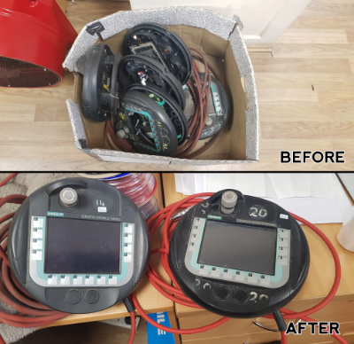 Before and after image showing assembled control units built from spare parts and upgraded by MCI Electronics.
