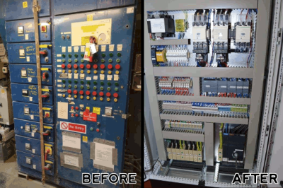 Before and after showing an old control panel with failing components and the bespoke and updated version designed and manufactured by MCI Electronics.
