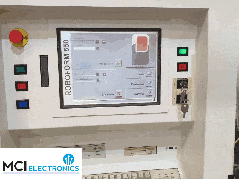 Animation showing a spark erosion machine's HMI before and after repair by MCI Electronics.