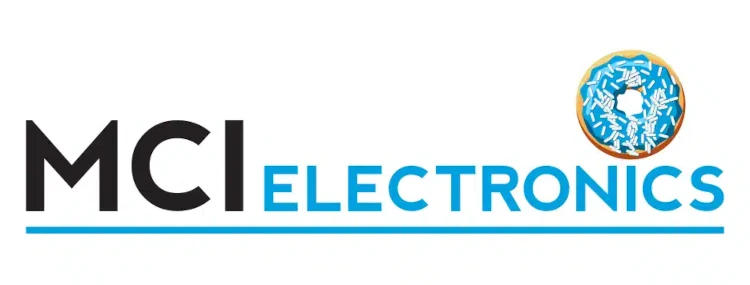 MCI Electronics logo showing a doughnut with blue icing and white sprinkles.
