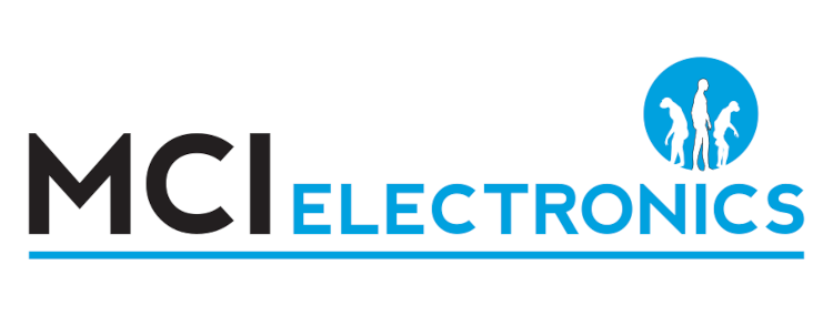 MCI Electronics logo image with a depiction of three stages of human evolution.