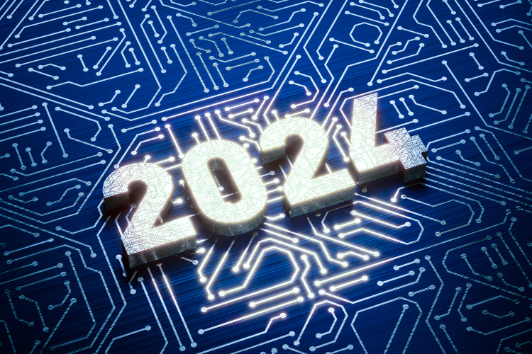 2024 on an electric circuit background to celebrate New Year 2024.