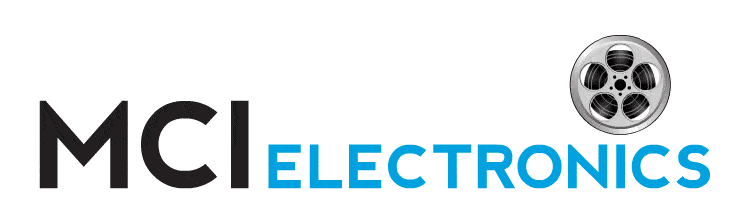 MCI Electronics logo animation showing a spinning film reel celebrating the invention of the kinetograph.