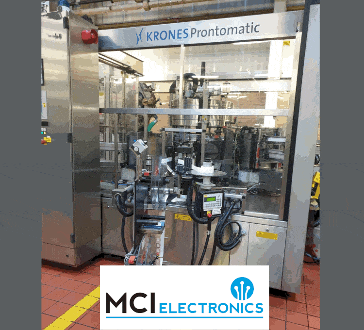 Animation showing a Krones Prontomatic bottler / labelling machine refitted with the Danfoss drive repaired by MCI Electronics.