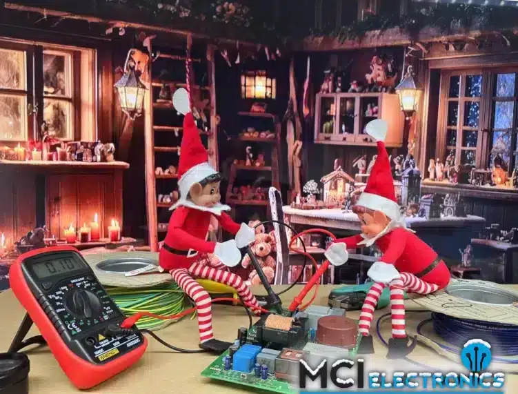 Santa's elves testing a circuit board